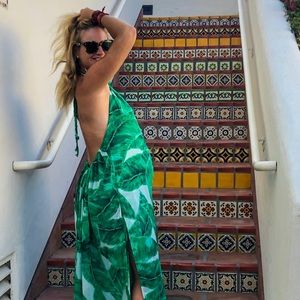 Like New Green Palm Olivaceous Halter Dress, Sm